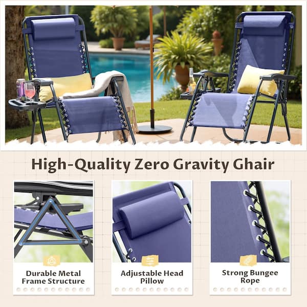 Tozey 2-Piece Dark Blue Zero Gravity Black Metal Lawn Chair Set