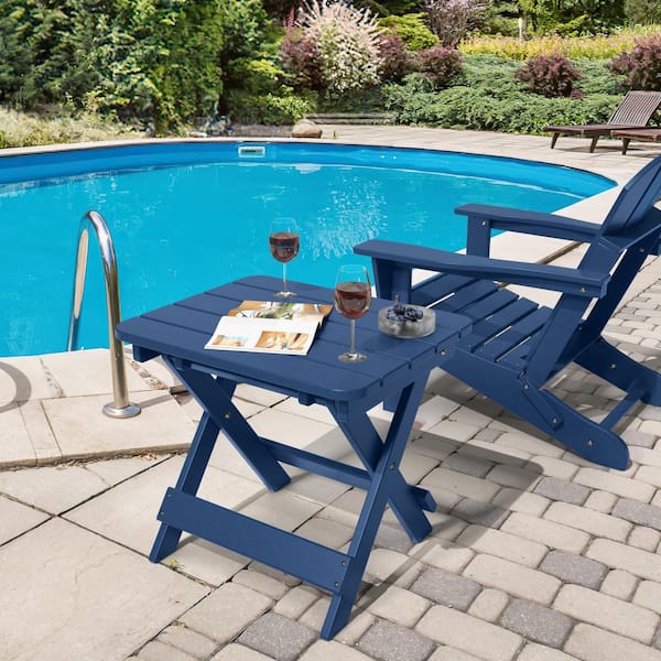 LAITING INC 2 Piece Plastic Adirondack Patio Conversation Chair Table Set Folding Seat and Side Table Garden Navy Blue