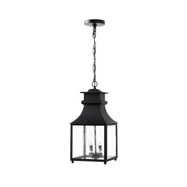 Home Decorators Collection Rainbrook 2-Light Matte Black Outdoor Pendant Light Fixture with Seeded Glass