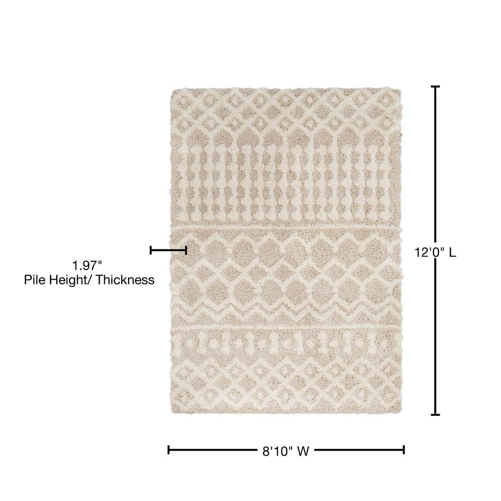 Beige Moroccan Shag Area Rug, 8'10" x 12', Polypropylene