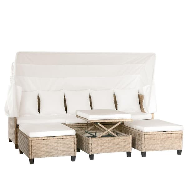 Sudzendf Wicker Outdoor Sectional Sofa Set with Beige Cushions, Retractable Canopy and Lifting Table