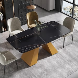 70.87 in. Black and Gold Rectangle Sintered Stone Tabletop Dining Table with Gold Carbon Steel Base (Seats 8)