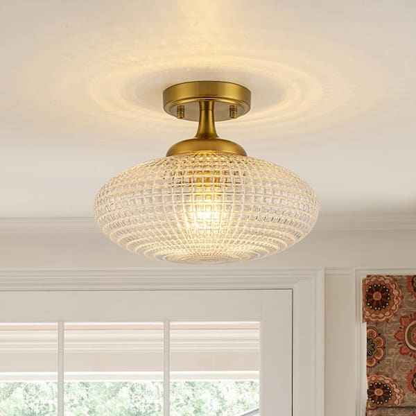 11.8 in. 1-Light Globe Brushed Gold Semi-Flush Mount with Textured Glass for Foyer Kitchen Living Room