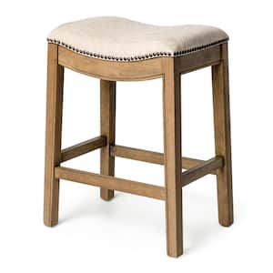 Adrien 26 in. Natural Backless Wooden Counter Stool with Premium Erin Cream Fabric Upholstered Seat