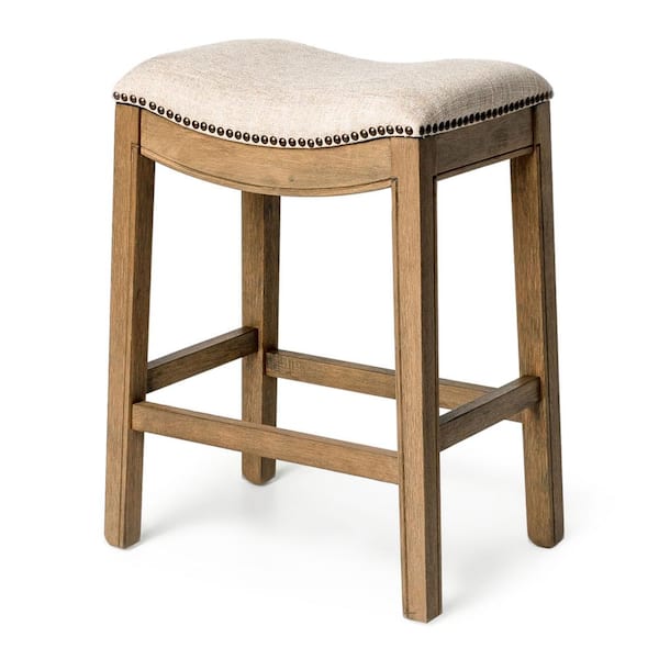 MAVEN LANE Adrien 26 in. Natural Backless Wooden Counter Stool with Premium Erin Cream Fabric Upholstered Seat