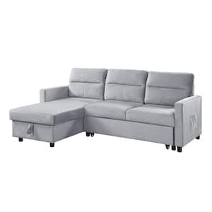 81.5 in. W Velvet Reversible Sleeper Sectional Sofa with Storage Chaise and Side Pocket in Light Gray