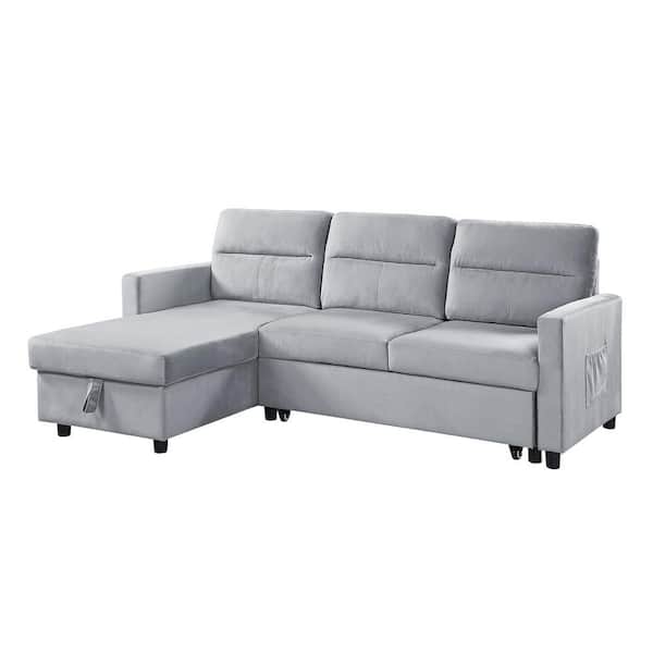 SIMPLE RELAX 81.5 in. W Velvet Reversible Sleeper Sectional Sofa with Storage Chaise and Side Pocket in Light Gray
