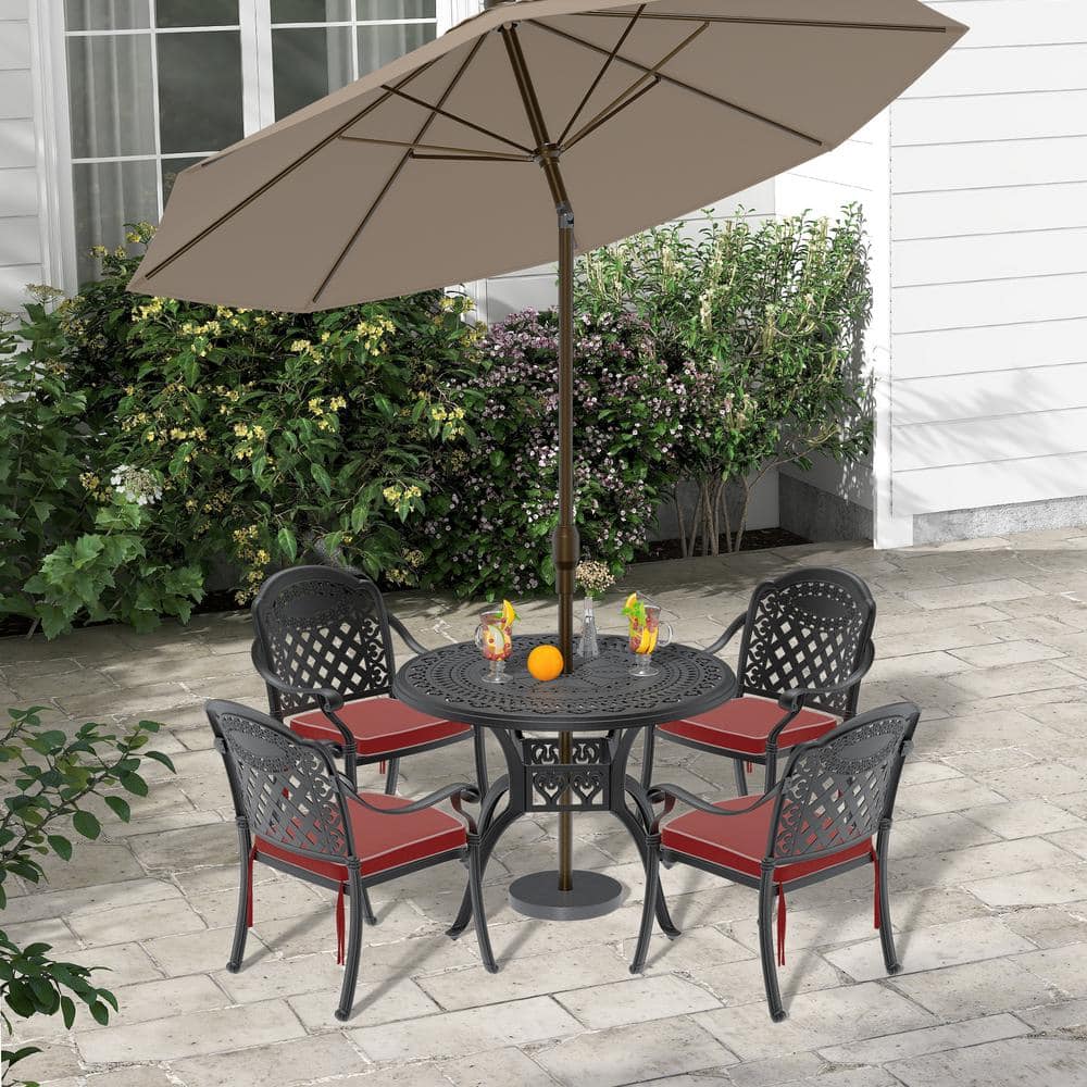 Isabella Black 5-Piece Cast Aluminum Outdoor Dining Set with 39.37 in. Round Table and Red Seat Cushions price history on PriceWatchPro