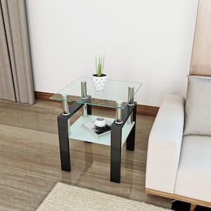 1-Piece Transparent Modern Tempered Glass Tea Table End Table with Black Legs for Living Room