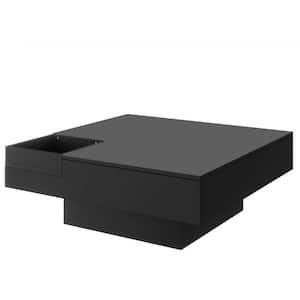 31.5 in. Black Square Wood Coffee Table with Detachable Tray and Plug-in 16-color LED Strip Lights