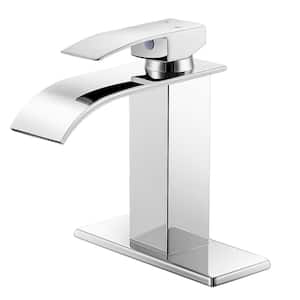 Waterfall Single Handle Single Hole Low-Arc Bathroom Faucet with Deckplate Polished Chrome
