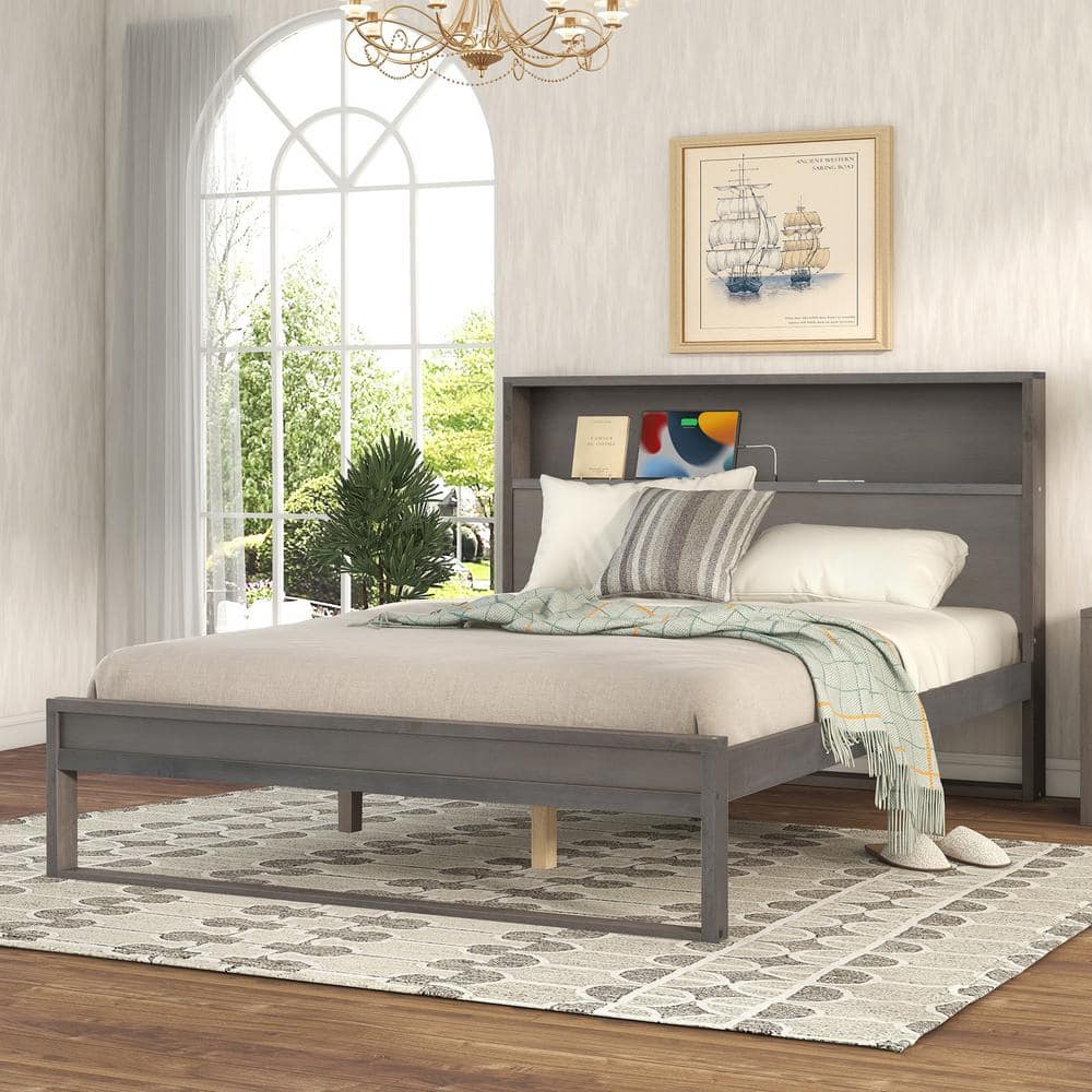 Harper & Bright Designs Antique Gray Wood Frame Queen Size Platform Bed with Storage Headboard, Sockets and USB Ports -  LHC001AAG-Q