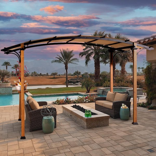 13 ft. x 8.5 ft. Steel Outdoor Patio Gazebo with Beige Shade Canopy and Bar Shelf