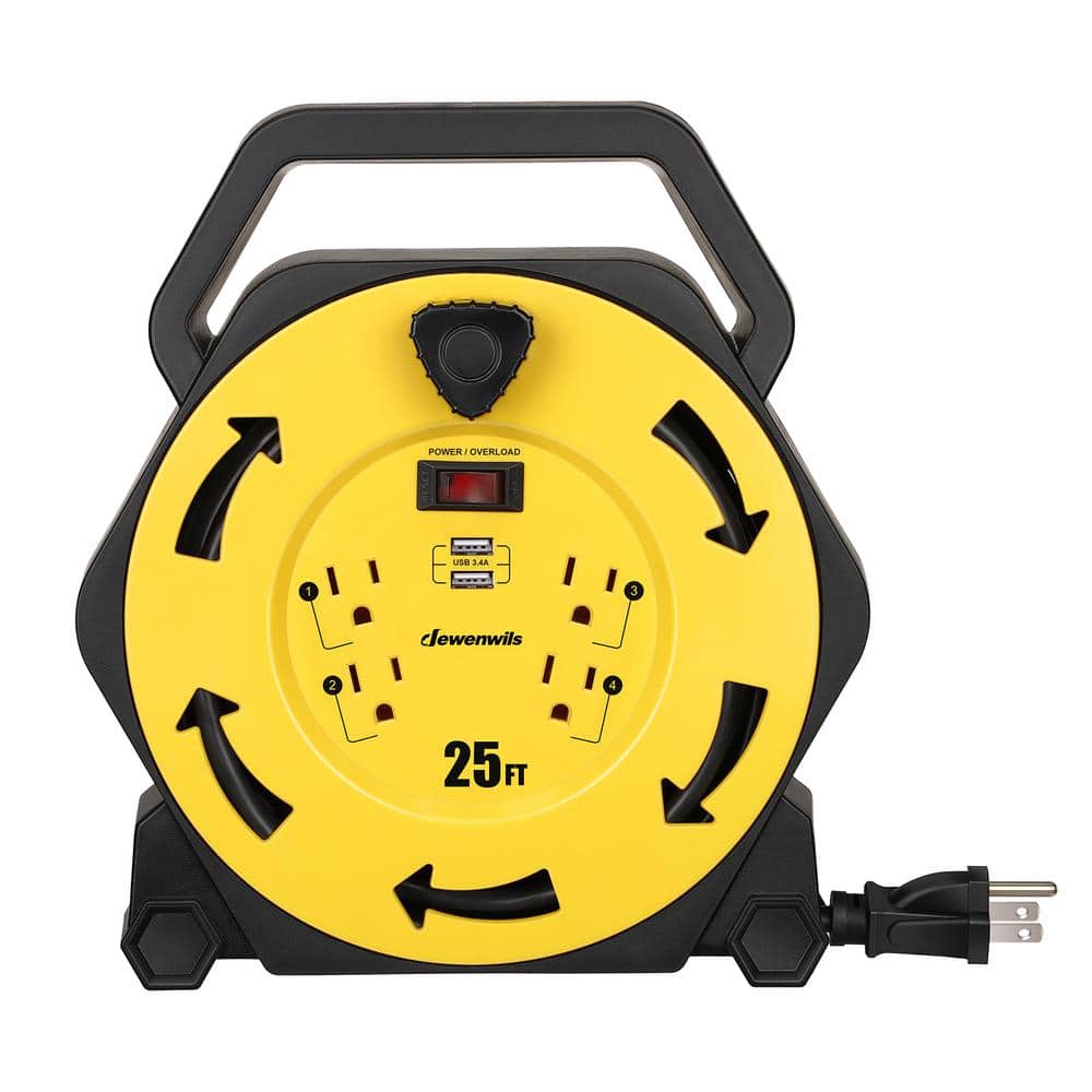 Heavy Duty 25 ft. 16/3 SJTW 13 Amp Retractable Hand Wind Extension Cord Reel with 4 Power Outlets and 2-USB Ports