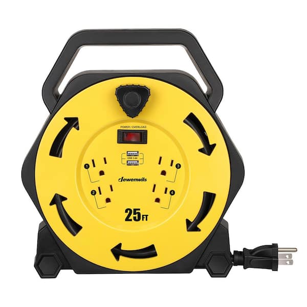 DEWENWILS Heavy Duty 25 ft. 16/3 SJTW 13 Amp Retractable Hand Wind  Extension Cord Reel with 4 Power Outlets and 2-USB Ports HCRB25U - The Home  Depot