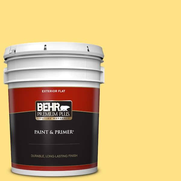 BEHR PREMIUM PLUS 5 gal. #380B-4 Daffodil Yellow Flat Exterior Paint & Primer