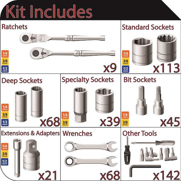 1/4 in., 3/8 in., and 1/2 in. Drive SAE/Metric, Shallow and Deep, Mechanics Tools Set (505-Piece)