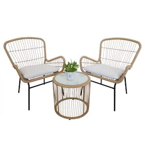 3-Piece Rattan Patio Balcony Furniture Set, Outdoor Wicker Chairs with Glass Top Table and White Soft Cushion