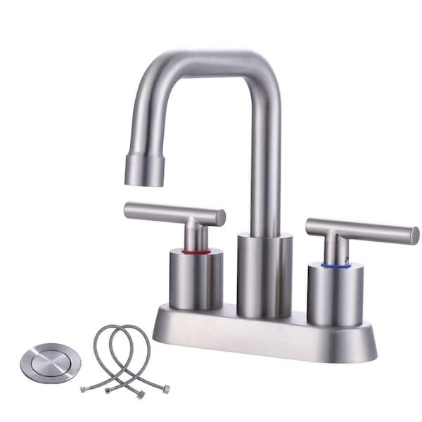 IVIGA 4 in. Centerset Double Handle Stainless Steel Bathroom Faucet with Pop Up Drain and Water Supply Lines in Brushed Nickel