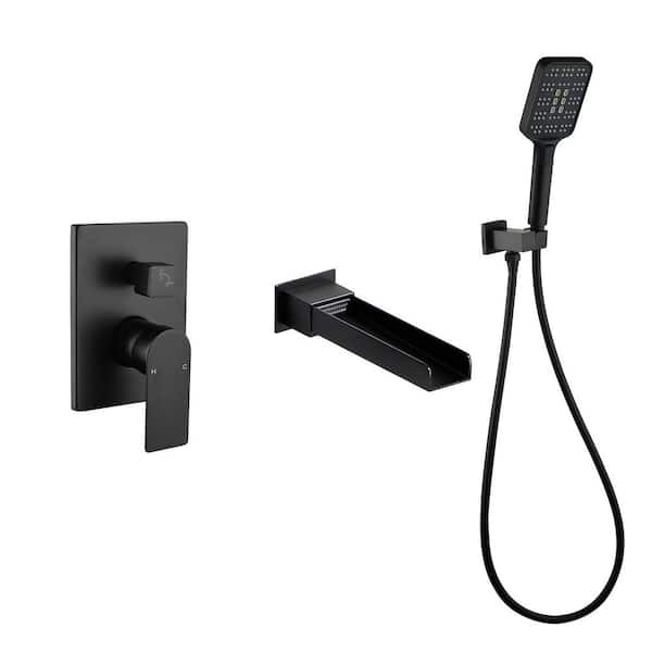 1-Handle 2.5 GPM 3-Spray Tub and Shower Faucet, Showerhead and 2.4'' Waterfall Tub Spout, Matte Black, Valve Included