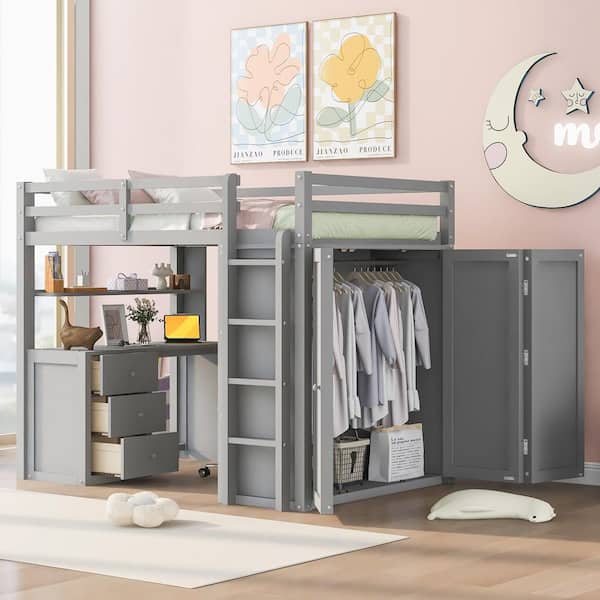 Harper & Bright Designs Gray Full size Loft Bed with Drawers, Desk and Wardrobe