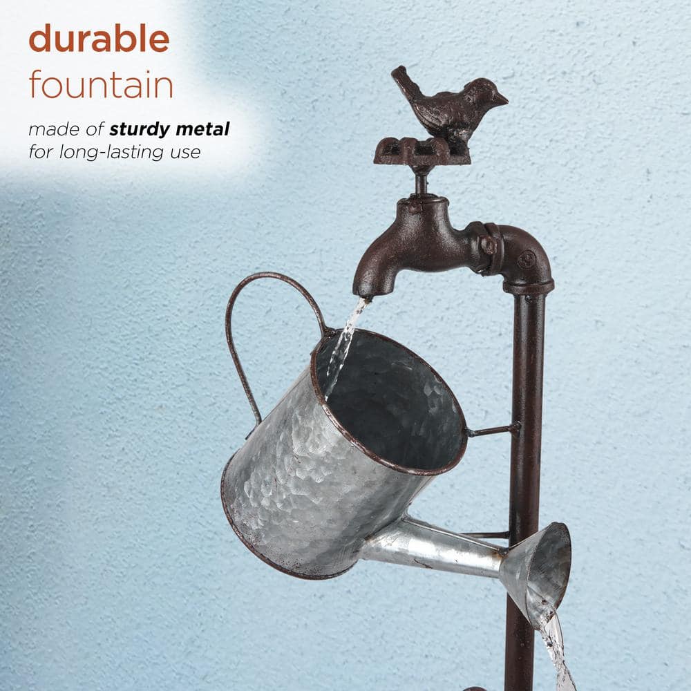 36" Silver Metal Wheelbarrow and Watering Can Fountain