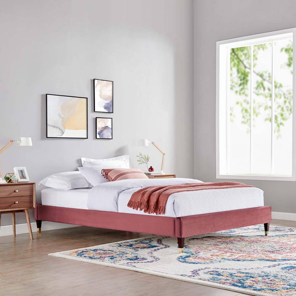 Dusty Rose Velvet Full Platform Bed Frame with Gold Accents