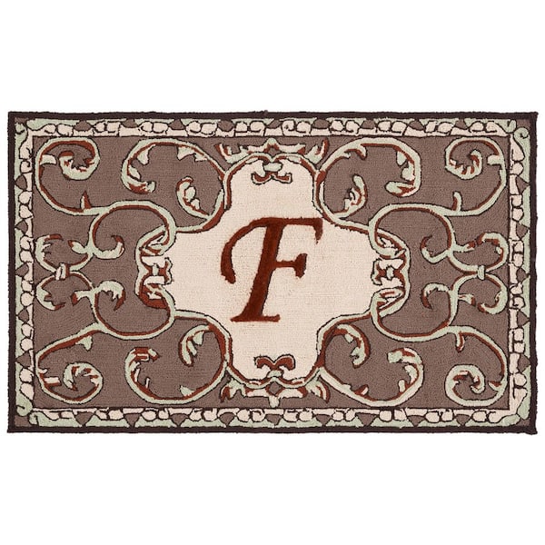 Monogram Mocha 3 ft. x 4 ft. "F" Ornate Floral Indoor/Outdoor Area Rug