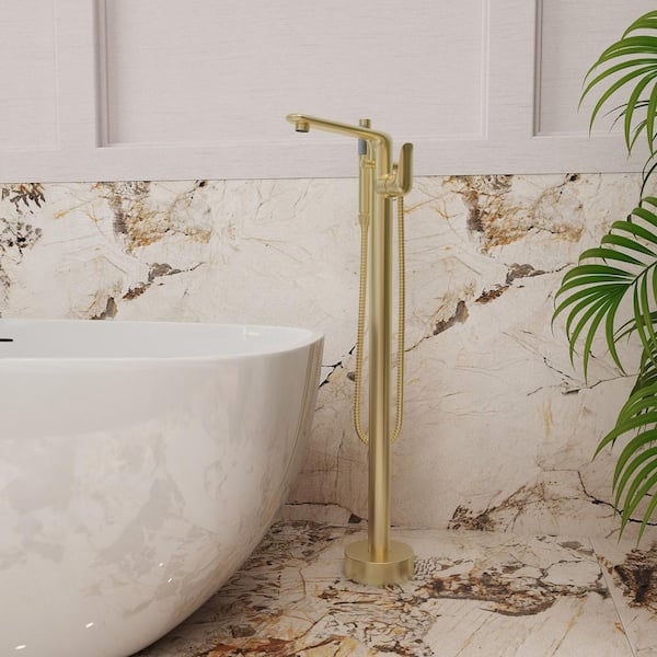 Single-Handle Freestanding Tub Faucet with Handheld Shower in Brushed Gold