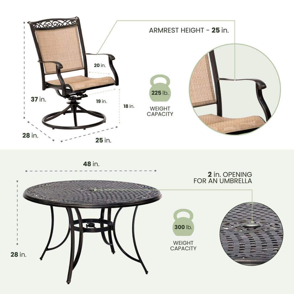 Fontana Bronze 48" Round Cast-Top Table with Tan Sling Swivel Chairs
