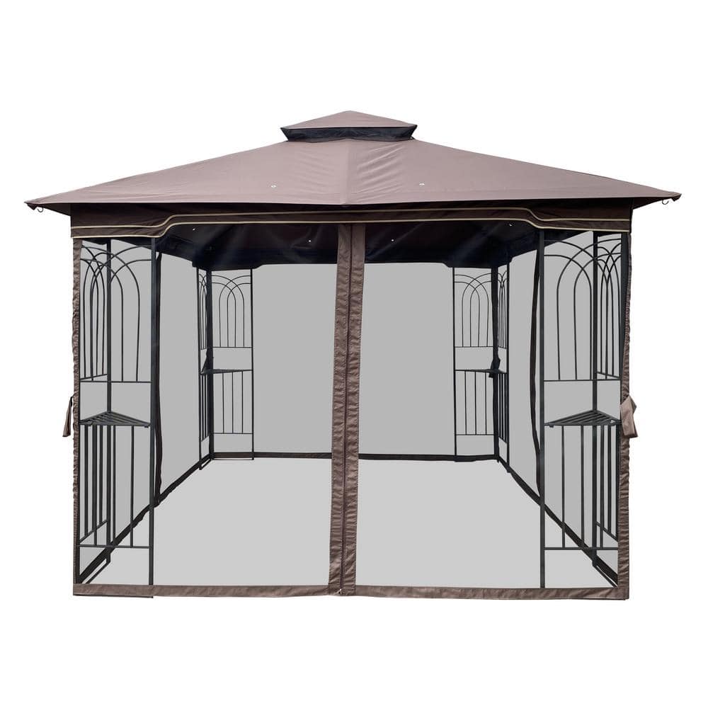 10x10 Brown Steel Patio Gazebo with Double Roof and Mosquito Netting
