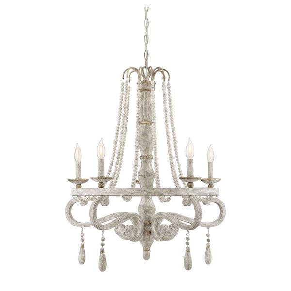 Savoy House Helena 28 in. W x 31 in. H 5-Light Provence with Gold Accents Chandelier with Draping Wood Beads