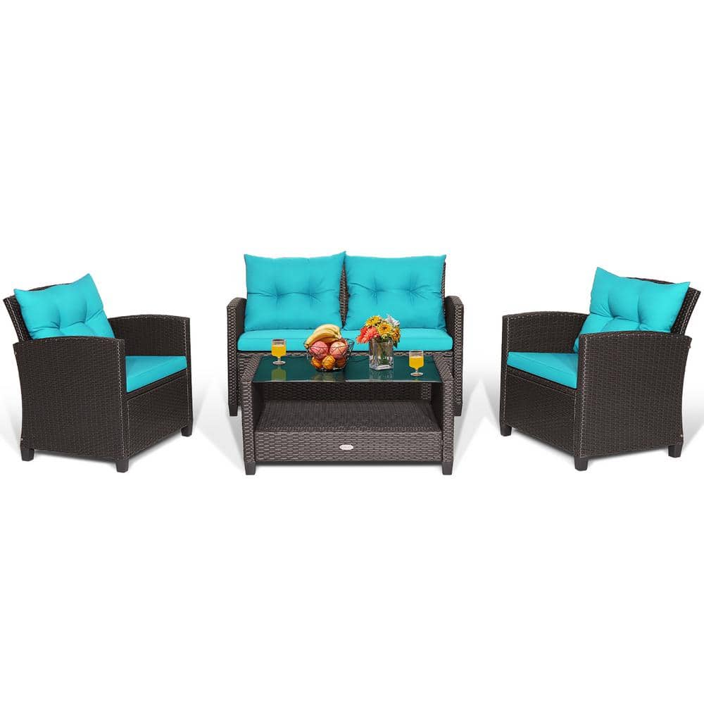 4 -Piece Patio Rattan Furniture Set Glass Table Shelf Sofa Cushion Turquoise price history on PriceWatchPro