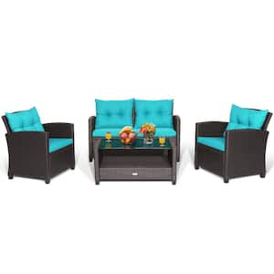 4 -Piece Patio Rattan Furniture Set Glass Table Shelf Sofa Cushion Turquoise