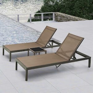 3-Piece Aluminum Adjustable Outdoor Chaise Lounge in Brown with Glass Side Table
