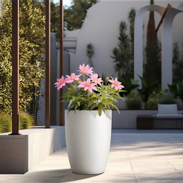 Sapcrete Lightweight 14in. x 18.5in. Crisp White Extra Large Tall Round Concrete Plant Pot/Planter for Indoor & Outdoor