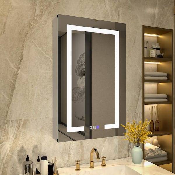 GroGro 20 in. W x 32 in. H Rectangular Silver Aluminum Recessed/Surface Mount Medicine Cabinet with Mirror LED(Left Open)