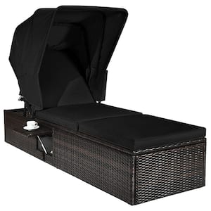 Plastic Wicker Rattan Outdoor Chaise Lounge with Top Canopy Tea Table Cushion Black Adjustable