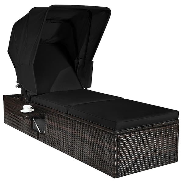 Costway Plastic Wicker Rattan Outdoor Chaise Lounge with Top Canopy Tea Table Cushion Black Adjustable
