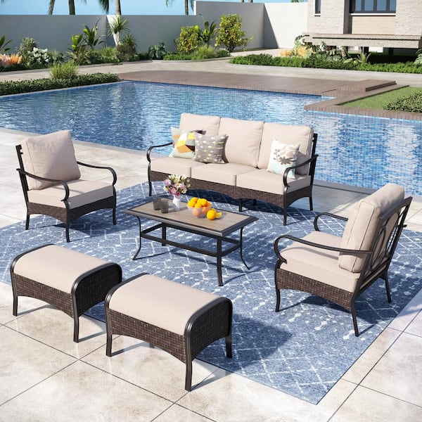 PHI VILLA Metal 7 Seat 6-Piece Outdoor Patio Conversation Set with Beige Cushions, Fixed Chairs, Rectangular Coffee Table