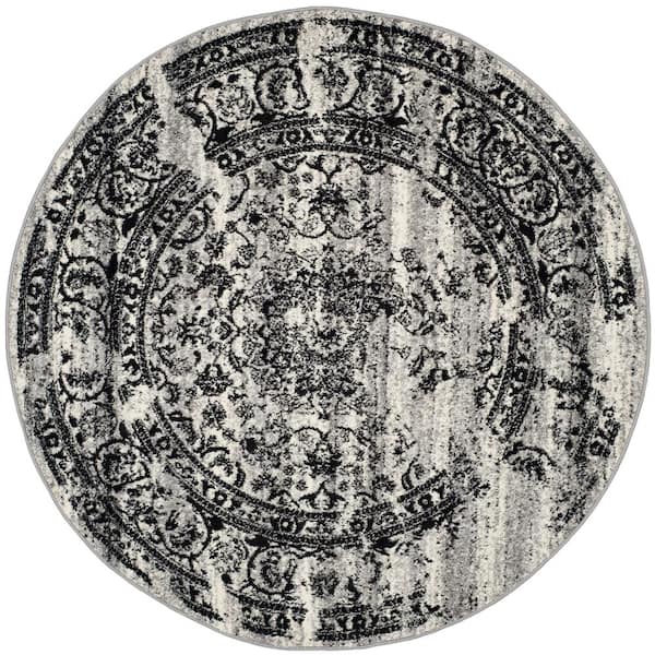 Adirondack Silver/Black 6 ft. x 6 ft. Round Floral Border Area Rug