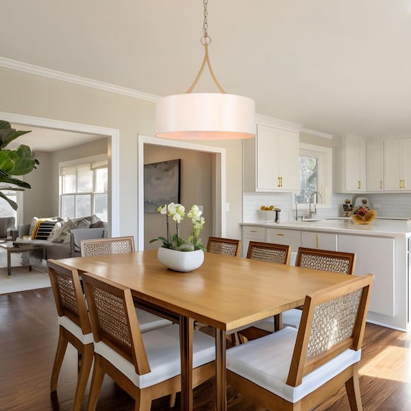 3-Light Modern Dark Gold Pendant Light, Farmhouse Chandelier with Drum Fabric Shade, White Island Pendant Hanging Light