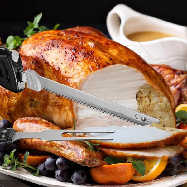 6.3 in. Black Stainless Steel Electric Knife Set with 2 Blades, Fork for Meat Slicing, Poultry, Bread, Fruits