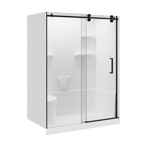 Carlyn 32 in. L x 60 in. W x 76 in. H Alcove Right Drain Shower Stall/Kit with Shower Wall and Shower Pan in Matte Black