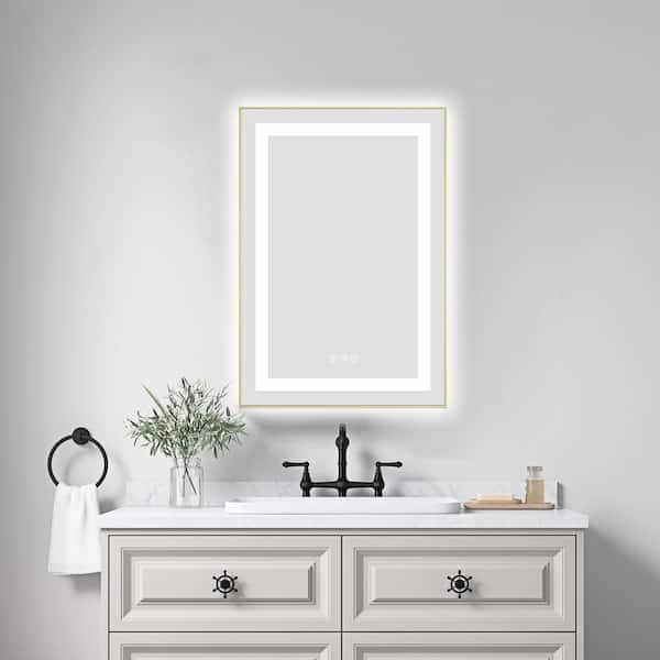 Brushed Gold 20.00 in. W x 28.00 in. H LED Modern Rectangle Aluminium Framed Wall Mirror