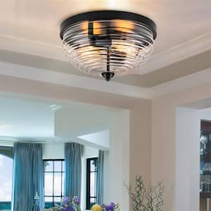 Kerwin 11.81 in. 2-Light Farmhouse Black Flush Mount with Water Ripple Glass Shade