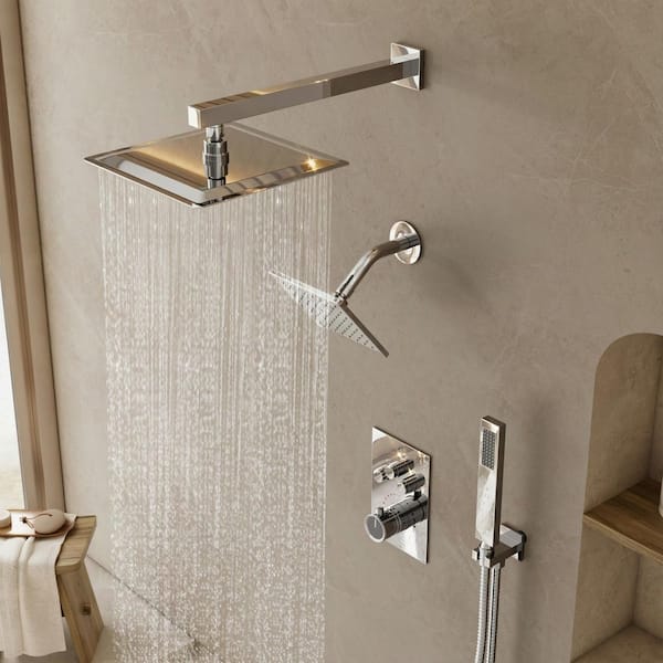 Thermostatic 7-Spray 12 in. and 6 in. Wall Mount Shower System with Hand Shower 2.5 GPM in Chrome(Valve Included)