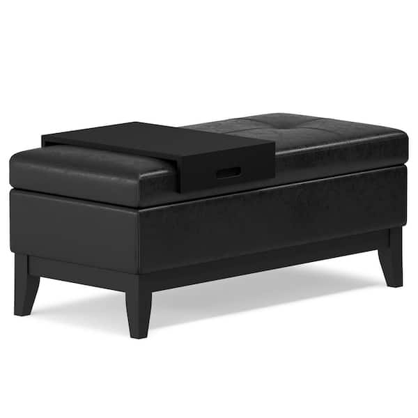 Oregon 42 in. Rectangle Storage Ottoman Bench with Tray in Distressed Black Vegan Faux Leather, Assembled
