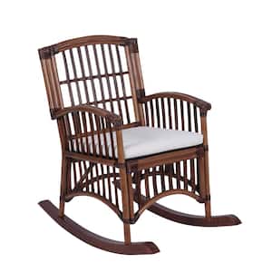 Swayze Bohemian Farmhouse Woven Rattan/Wood Rocking Chair, White Cushion with Brown Frame