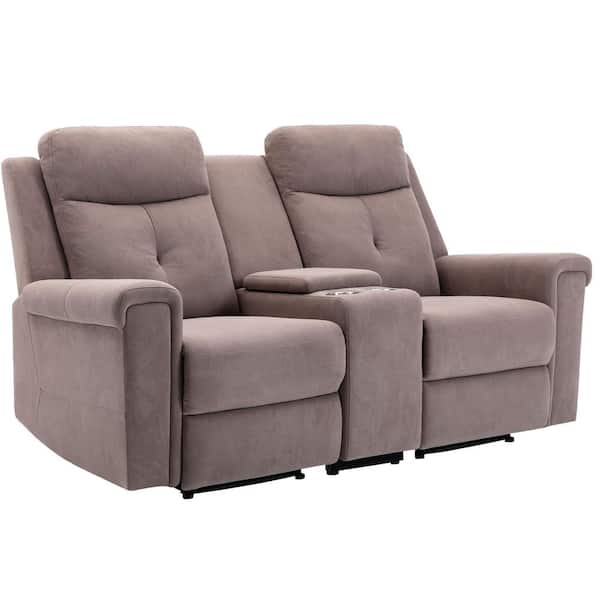 Clihome 70.86 in. Light Brown Couch Polyester Fabric 2-Seats Loveseats Motion Recliner with Storage Box and 2-Cup Holders